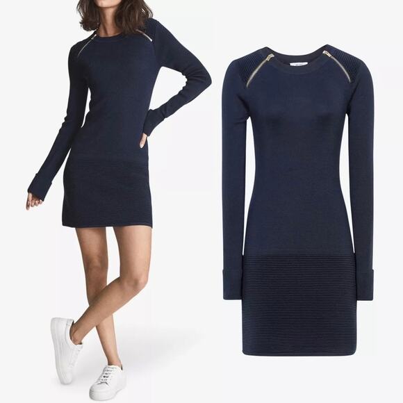 Reiss Hayden Knitted Navy Blue Bodycon Dress with Zip Detail - Picture 1 of 9